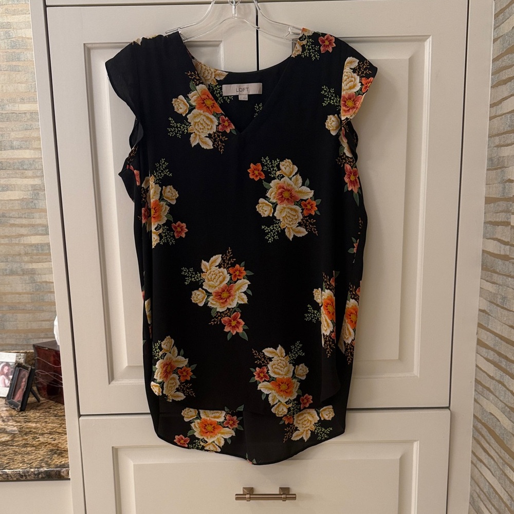 LOFT Black Top with Floral Accents